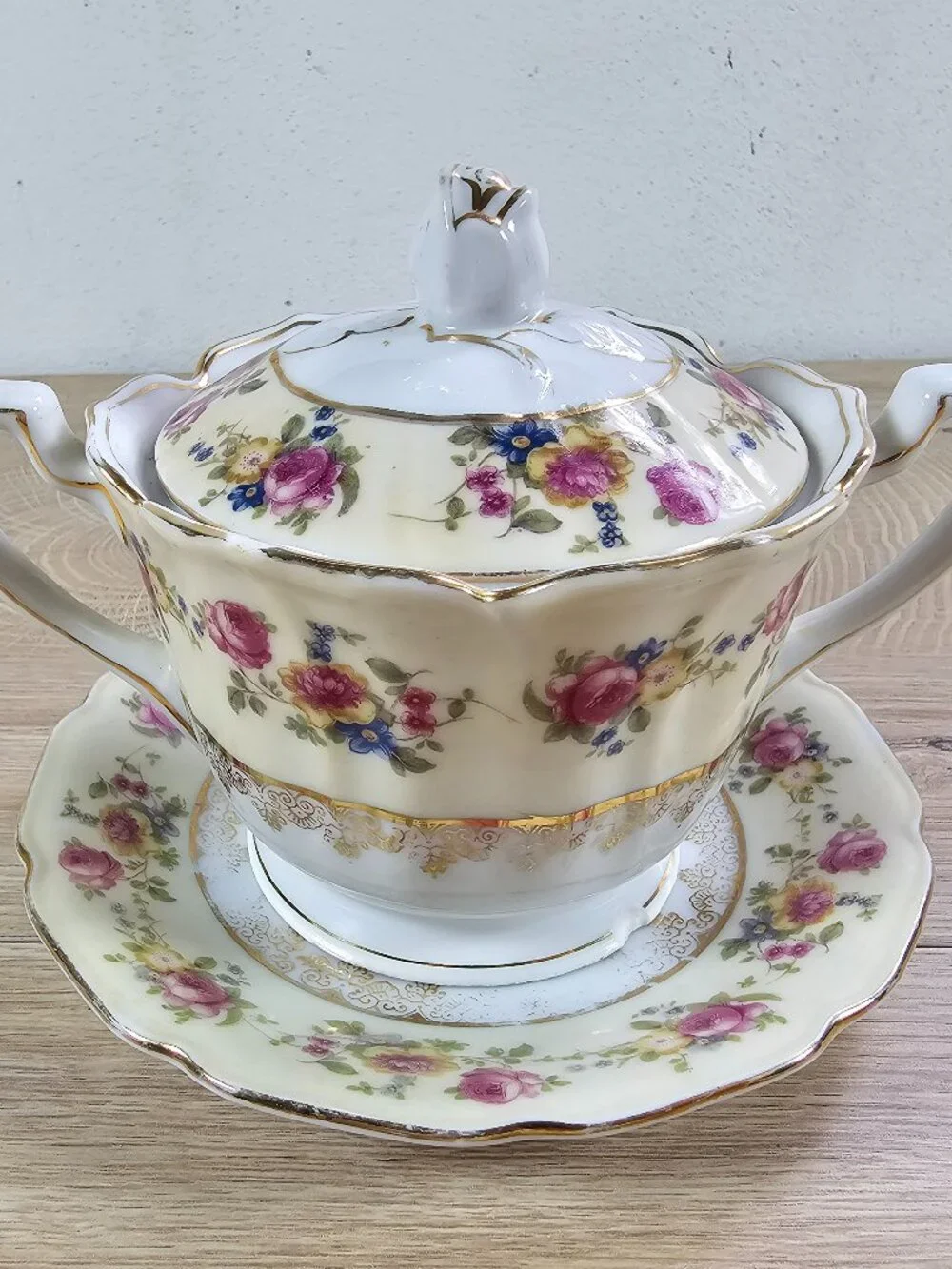 Gold Castle Hostess Sugar Bowl with Lid and Saucer Plate Floral Vintage Japan